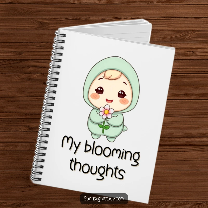 Funny notebook cover displaying a smiling, gleeful character holding a delicate blooming flower, perfect for journaling and creative writing.