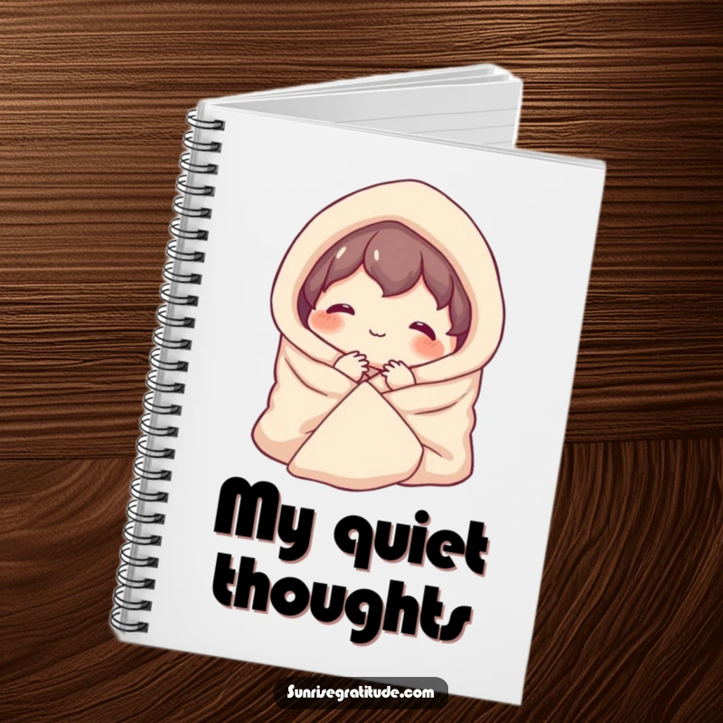 Funny notebook with a contented character smiling, wrapped in a cozy blanket, perfect for journaling peaceful thoughts.