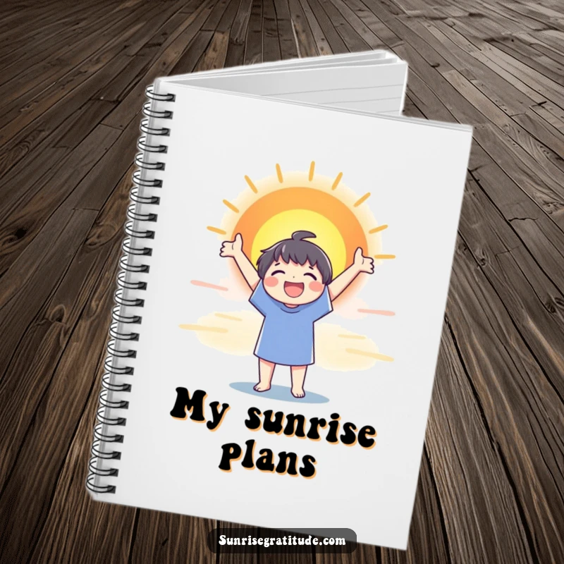 Funny notebook with a joyful character stretching towards a colorful sunrise, ideal for journaling inspiring thoughts.