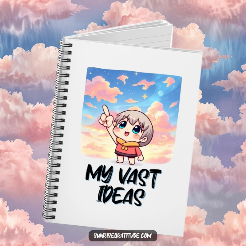 Creative notebook cover with a character pointing skyward at a colorful sky, symbolizing ambition and inspiration.