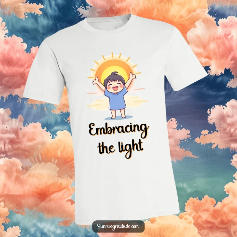 Funny t-shirt depicting a character joyfully stretching their arms towards a vibrant, colorful sunrise, expressing optimism.
