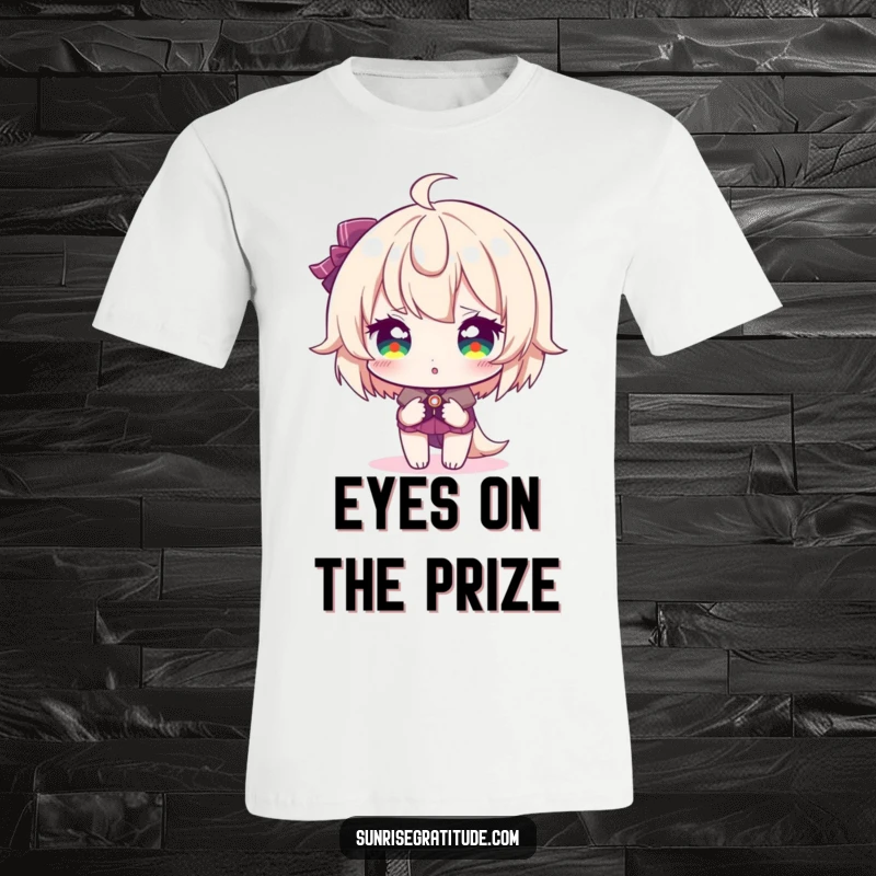 Funny t-shirt, character with eyes reflecting sunrise hues, sparkling gaze, dazzling morning light, full of life and joy, perfect funny gift.