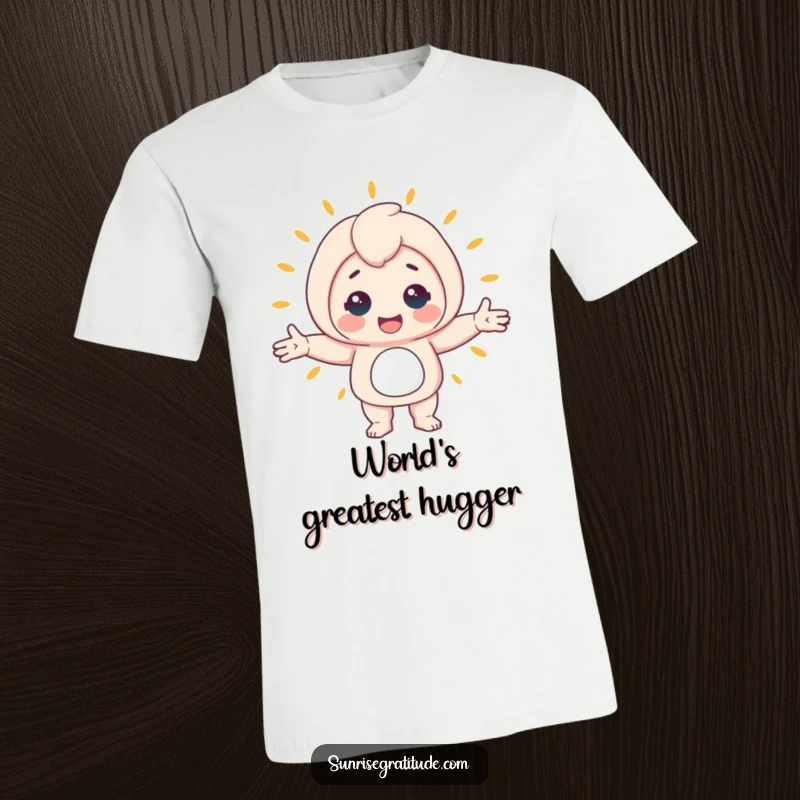 Funny t-shirt featuring a happy character with open arms, enthusiastically greeting a bright, awakening world, perfect for spreading cheer.