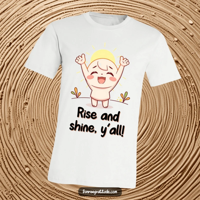 Funny T-Shirt: A happy character raising arms in celebration as the sun's first light appears, embodying morning joy.