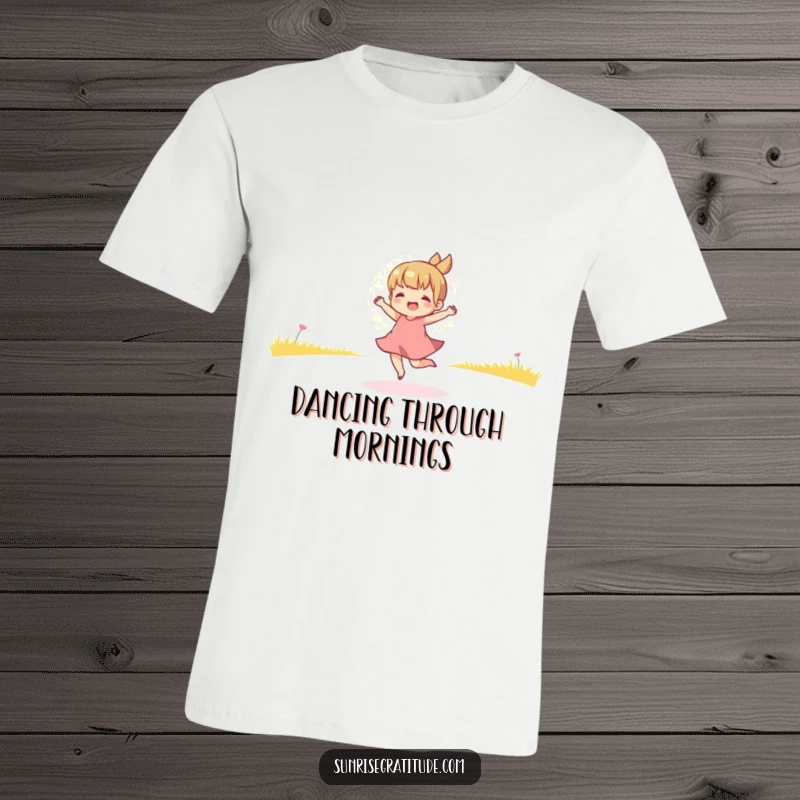 Funny t-shirt capturing a playful character dancing energetically in the golden hues of early morning, full of joy and positivity.