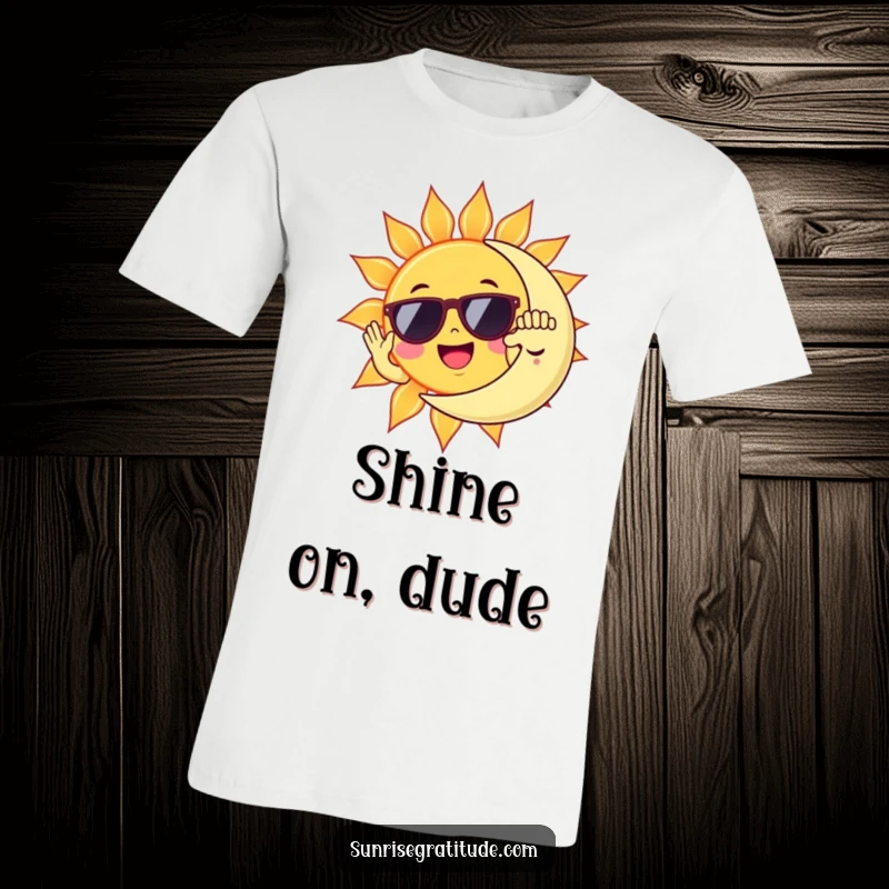 Funny sun in sunglasses high-fiving a sleepy moon, a cheerful and humorous t-shirt design.
