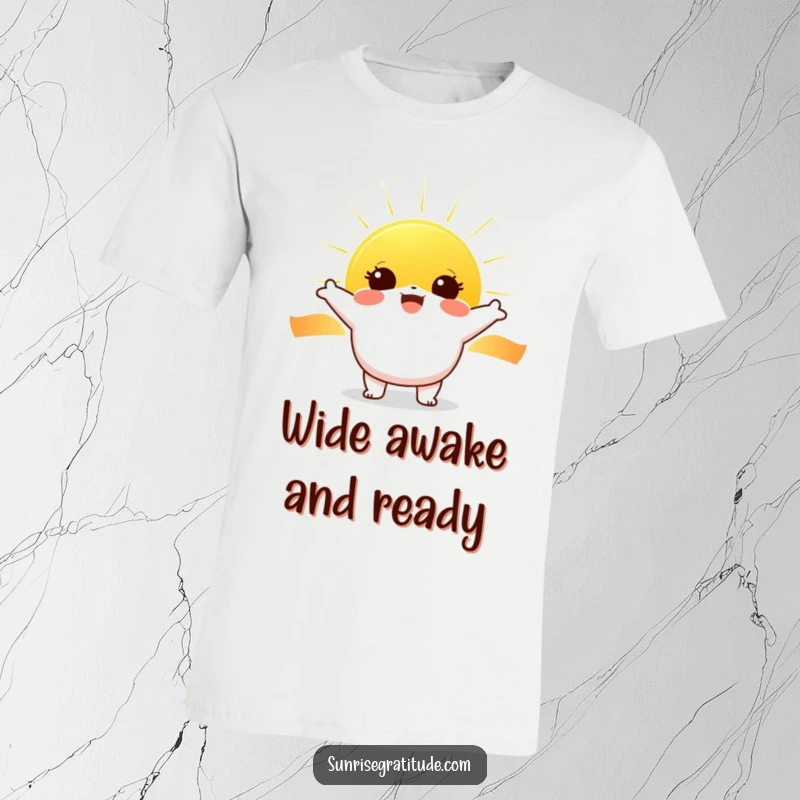 Funny Sunrise Cheer T-Shirt: Cheerful character with wide eyes meeting the rising sun, radiating pure joy.