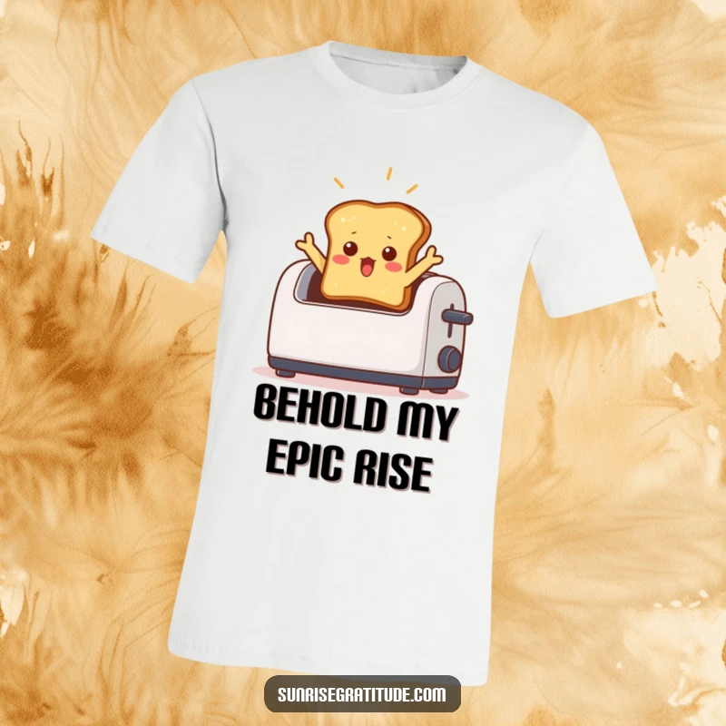 Funny t-shirt with a surprised toast character bursting out of a toaster, illuminated by a bright light beam, expressing morning shock.