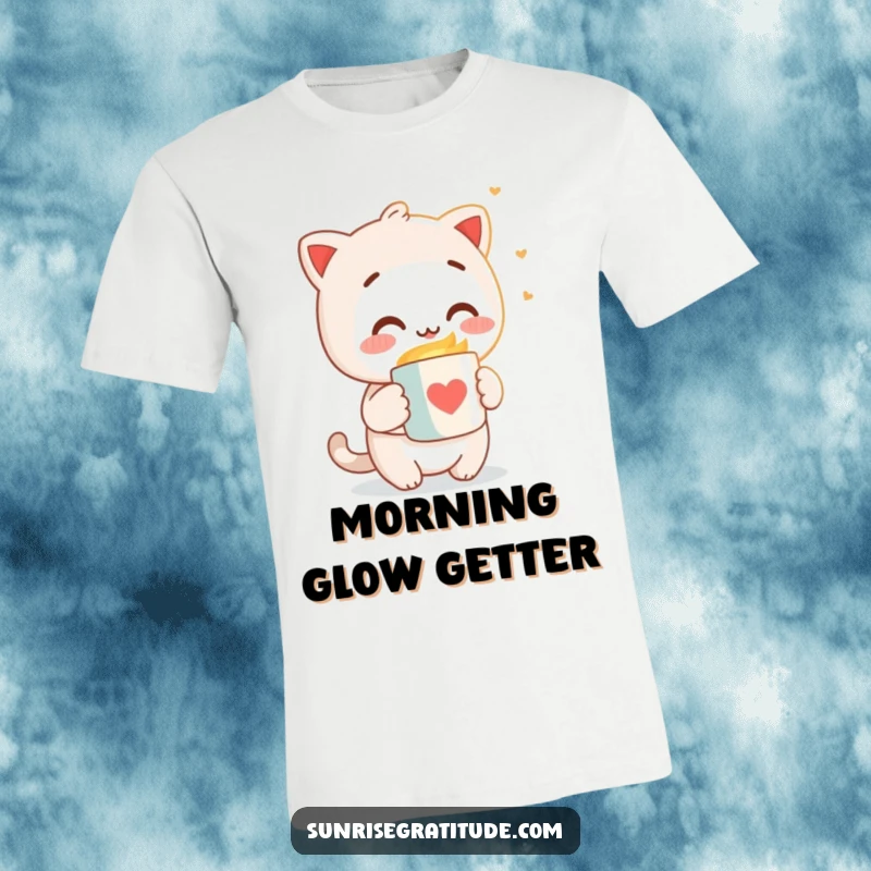 Funny t-shirt depicting a happy character extending a warm mug towards the gentle rays of the morning sun.