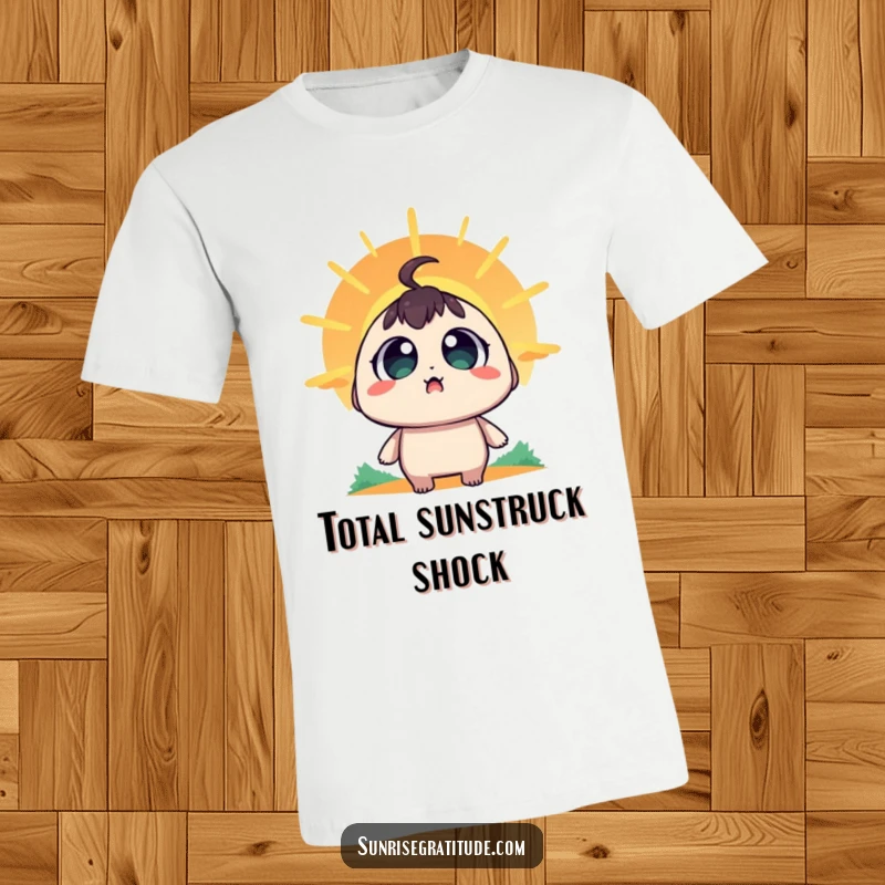 Funny T-Shirt: A character’s eyes are wide with amazement, watching the sun’s first rays appear.