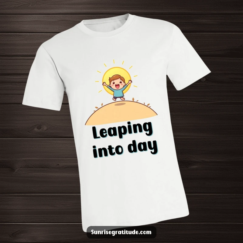 Funny t-shirt depicting a playful character leaping joyfully as the sun peeks over a hill.