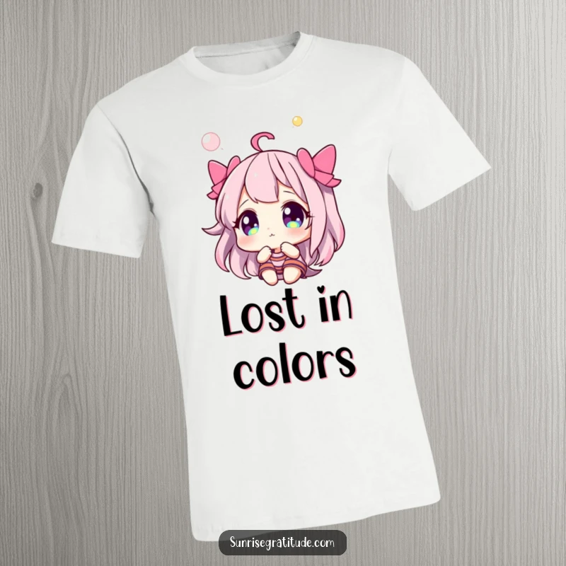 Funny t-shirt with a character gazing in pure wonder at a vibrant, colorful sky, showing fascination.