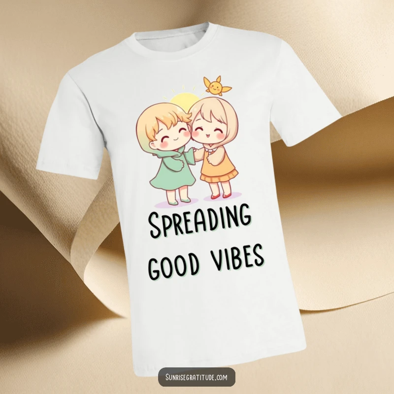 Uplifting t-shirt featuring a character kindly sharing a warm ray of sunshine with another, promoting connection and goodwill.