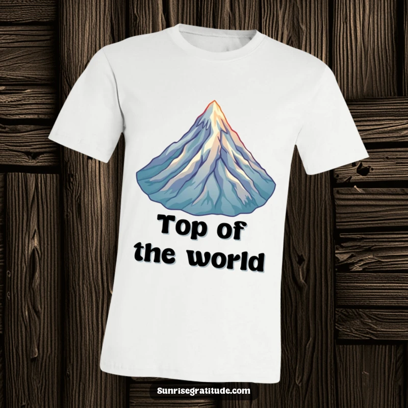 Funny Mountain Peak T-Shirt: A joyful mountain peak bathed in early morning light, representing a spirit of adventure and humor.