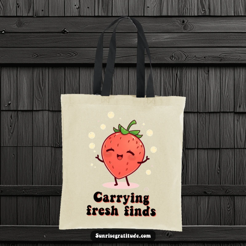 Funny giggling strawberry juggling dew drops at dawn, a humorous and practical tote bag.