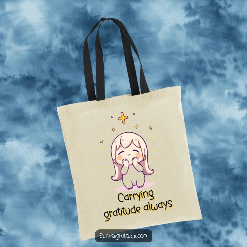 Funny Tote Bag: A character bowing its head in thankfulness to the sky during a peaceful sunrise.