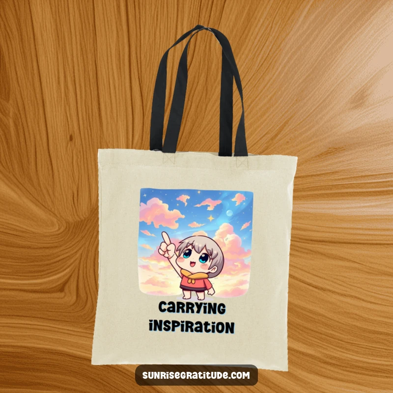 Beautiful tote bag featuring a character pointing upwards at a vividly colorful sky, symbolizing aspirations and the beauty of the universe.