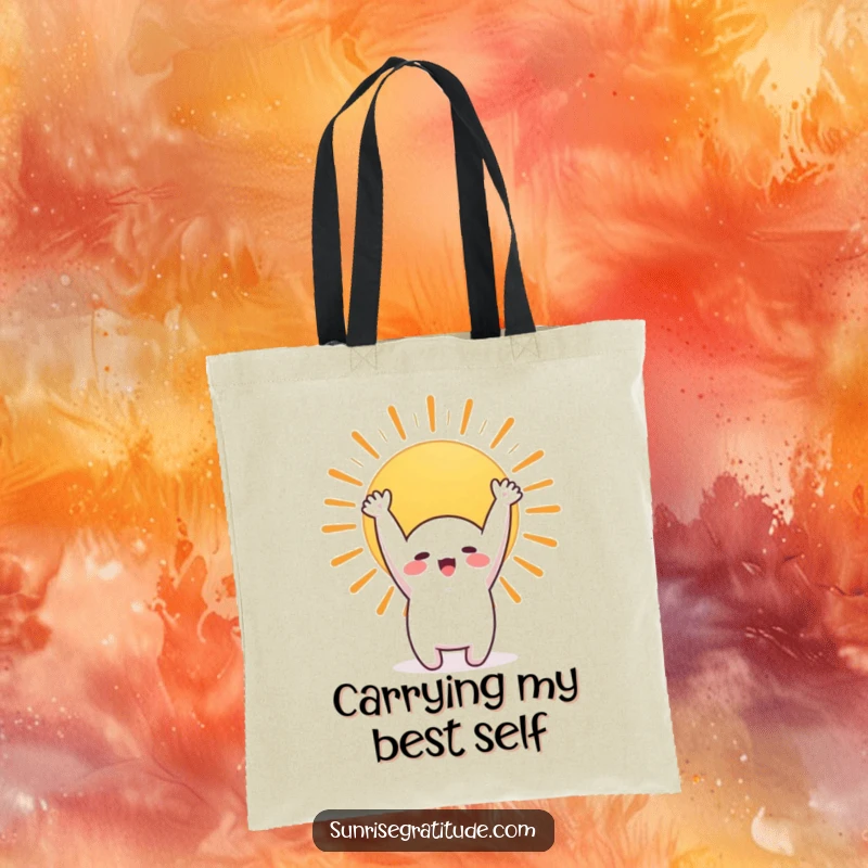 Funny tote bag featuring a cute character stretching towards a vibrant sunrise, ideal for daily use and humor.