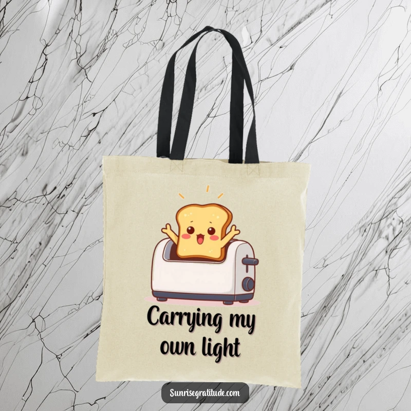 Funny tote bag illustrating a surprised toast dramatically jumping out of a toaster with a light beam, perfect for grocery runs.