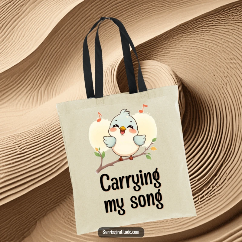 Funny smiling bird tote bag, chirping a joyful tune at dawn, practical and cheerful for everyday use. A humorous accessory.
