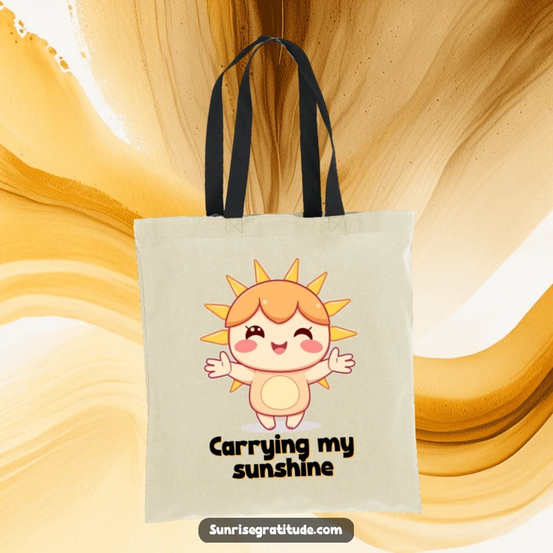 Funny tote bag featuring a happy character holding hands with sunbeams, symbolizing joy and sunny days.
