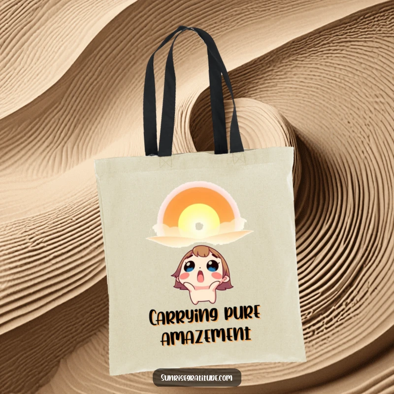 Funny tote bag with a surprised character looking up in awe at a vibrant sunrise.
