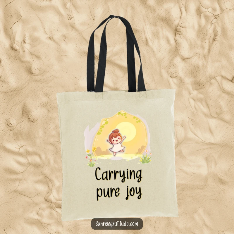Funny tote bag with a playful character twirling joyfully with the first golden rays of sunlight, full of energy.