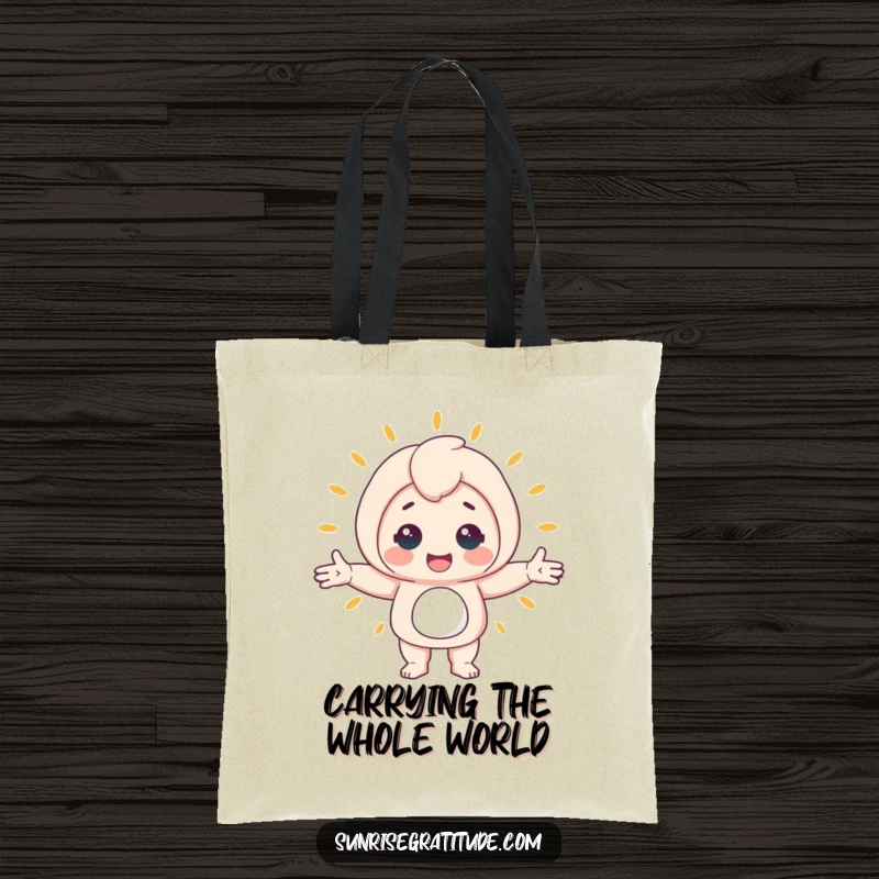Funny tote bag with a cheerful character spreading warmth as they embrace the awakening world, a practical and humorous accessory.