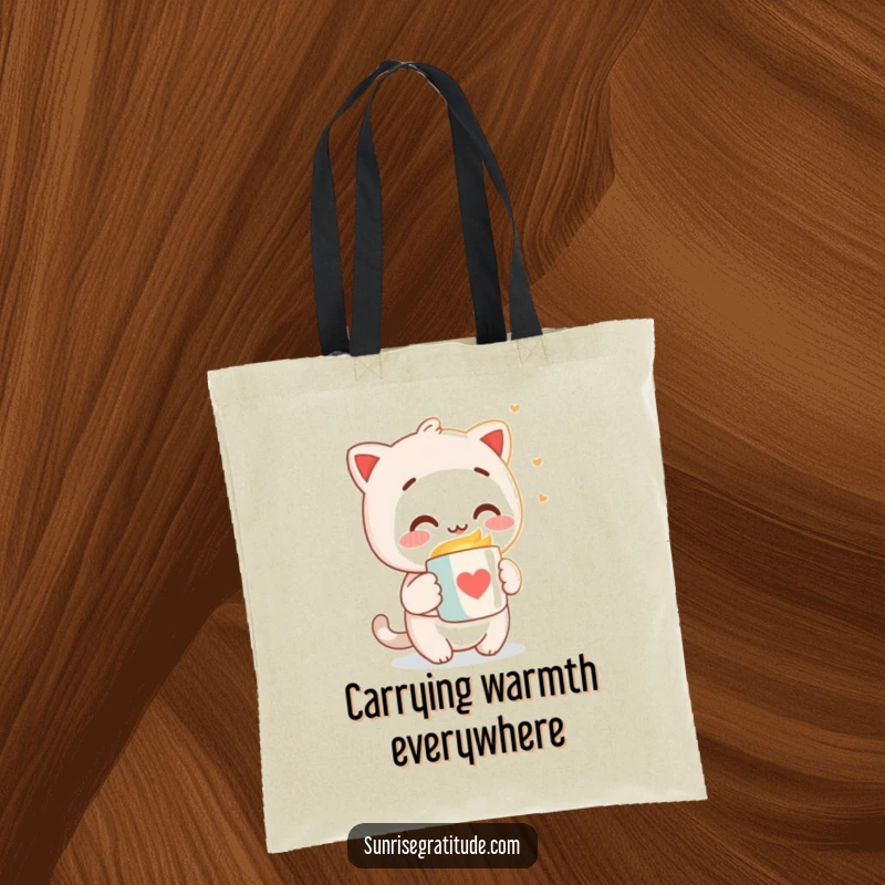 Funny tote bag with a character offering a warm mug to the gentle morning light, symbolizing a happy start to the day.
