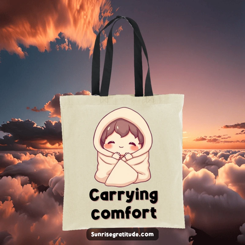 Funny tote bag showing a character wrapped in a blanket, smiling contentedly as they embrace the new day.