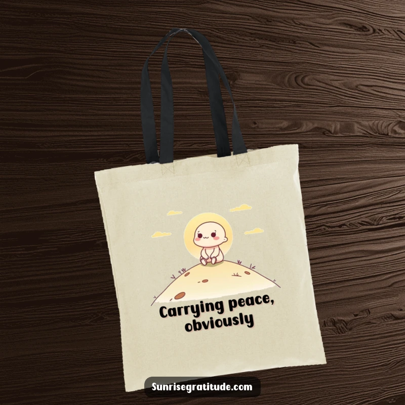 Funny tote bag with a happy character seated on a hill, observing the serene beauty of the morning sunrise.