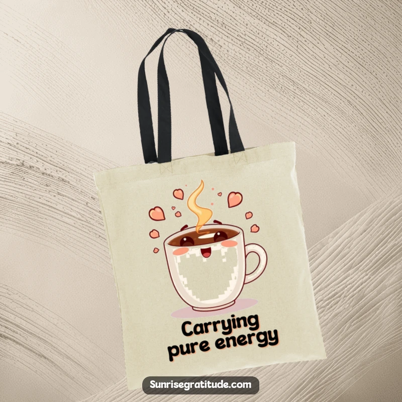 Funny tote bag illustration of an enthusiastic coffee cup steaming with pure energy, symbolizing the dawn of a new day.