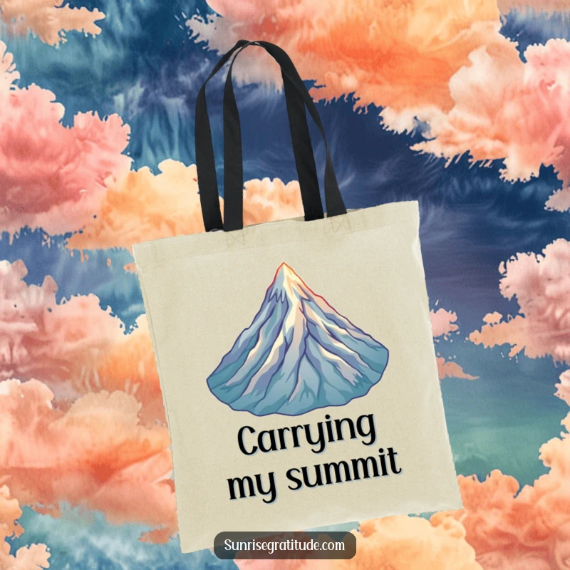 Funny Mountain Peak Tote Bag: A joyful mountain peak at sunrise, perfect for carrying essentials with an adventurous spirit.