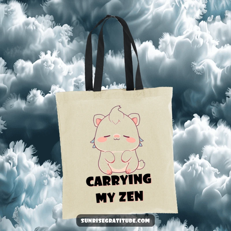 Funny cute creature tote bag smiling and breathing peacefully, perfect for carrying calm humor.
