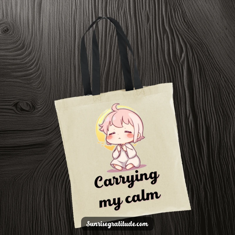 Funny tote bag, character exhaling at sunrise, calm morning, zen lifestyle, carrying essentials peacefully, wonderful funny gift.