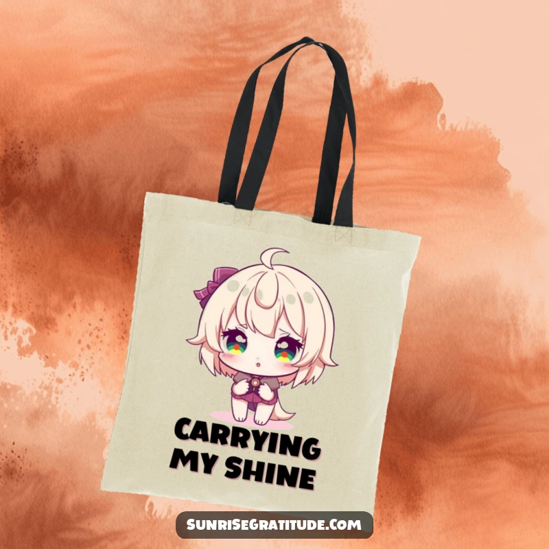 Funny tote bag, character with eyes reflecting sunrise hues, carrying sparkle, morning beauty, practical and stylish, wonderful funny gift.