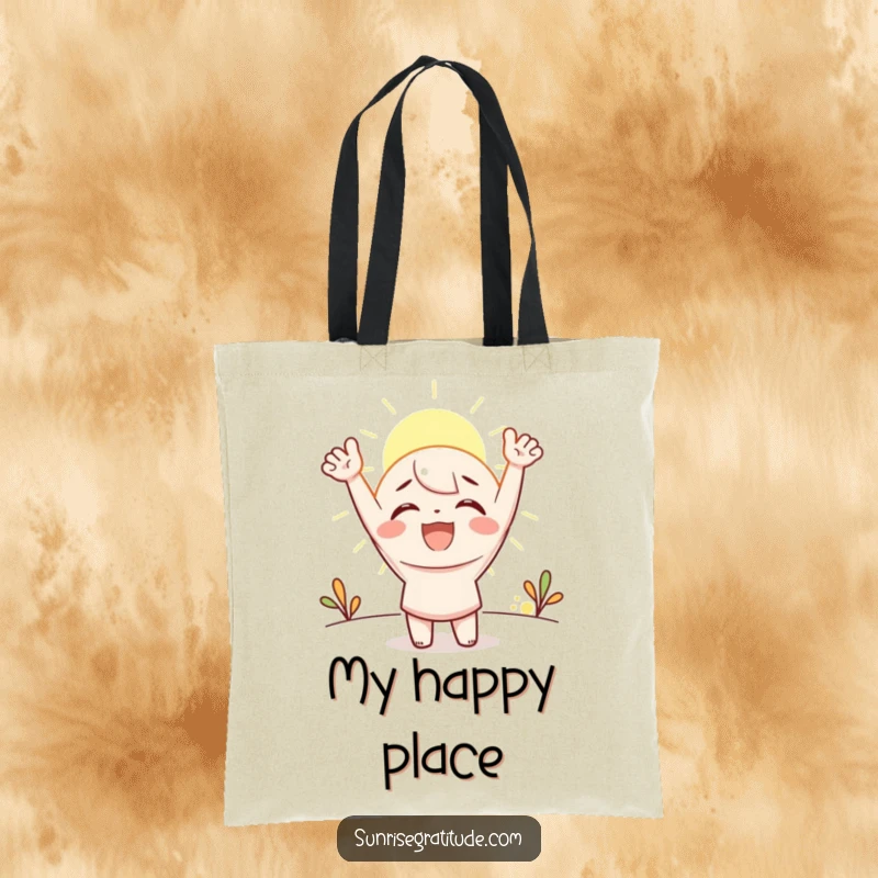 Funny Tote Bag: A joyous character celebrating the sunrise, perfect for carrying daily essentials with a happy vibe.