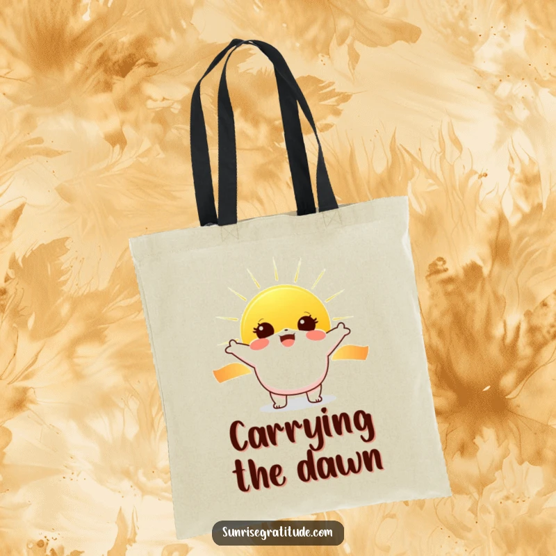 Funny Sunrise Greeting Tote Bag: Cheerful character with wide eyes greeting a rising sun, a humorous and practical funny gift.