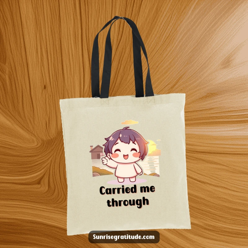 Funny Sunset Farewell Tote Bag: Smiling character waving goodbye to a warm setting sun, a humorous and practical funny gift.