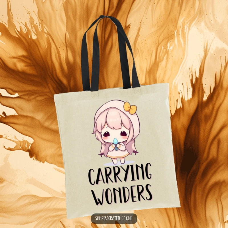 Stylish tote bag featuring a character holding a small dewdrop that mirrors a stunning, colorful sunrise, symbolizing new beginnings.