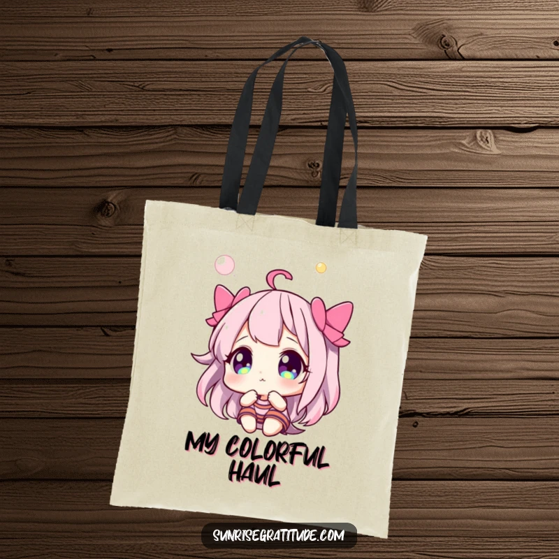 Funny tote bag with a character looking up in wonder at a vibrant, colorful sky, embodying curiosity.